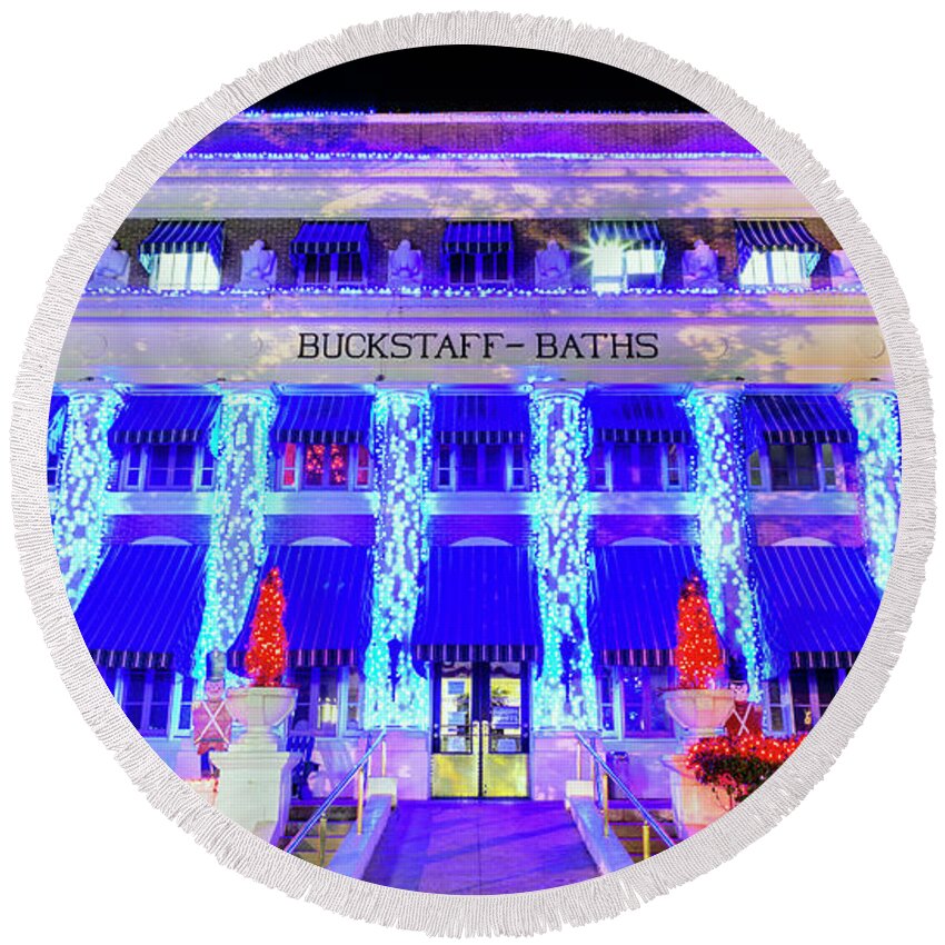 Hot Springs Round Beach Towel featuring the photograph Buckstaff Baths - Christmastime by Stephen Stookey