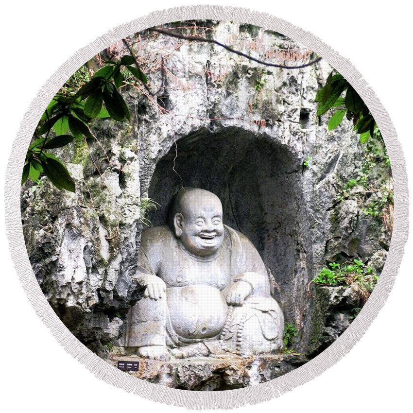 China Round Beach Towel featuring the photograph Buddha Carving by Marti Green