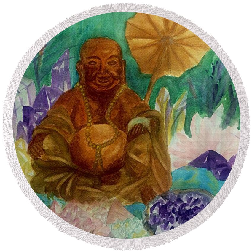 Buddha Round Beach Towel featuring the painting Buddha In The Crystal Garden by Ellen Levinson