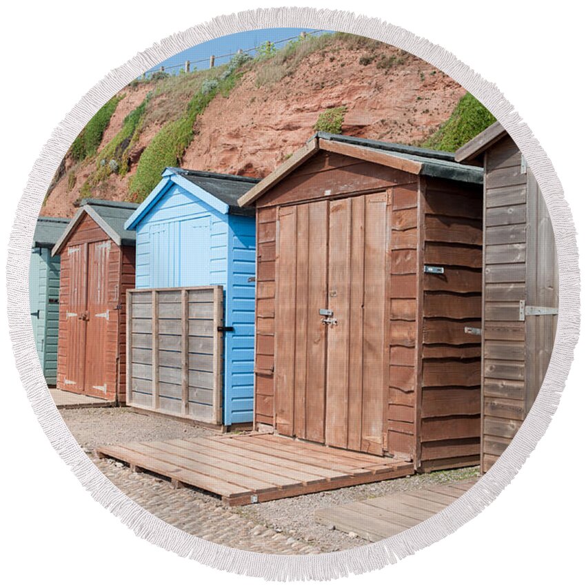 Budleigh Salterton Round Beach Towel featuring the photograph Budleigh Salterton Beach Huts i by Helen Jackson