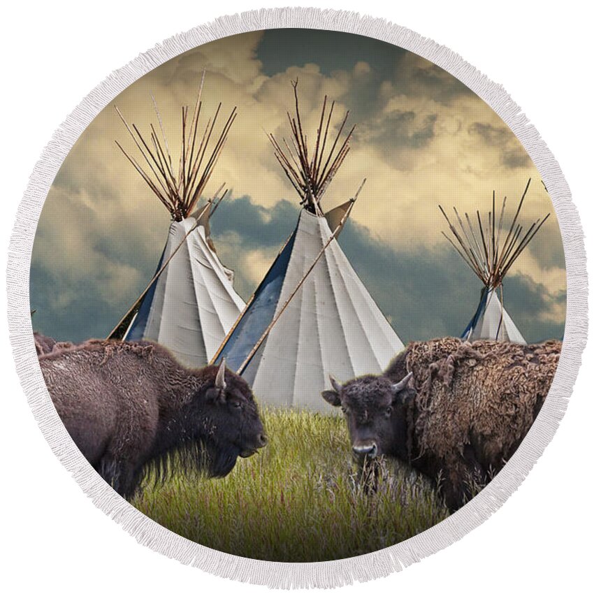 Native Round Beach Towel featuring the photograph Buffalo Herd on the Reservation by Randall Nyhof