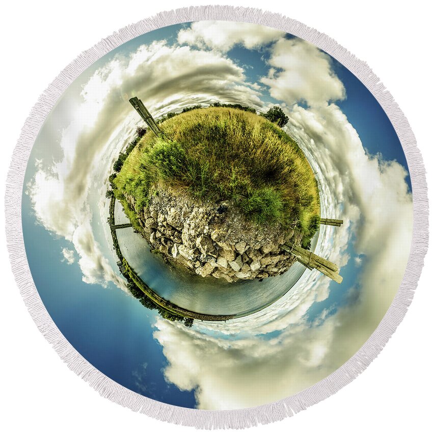 Bell Slip Round Beach Towel featuring the photograph Buffalo Outer Harbor sunrise - Tiny Planet by Chris Bordeleau