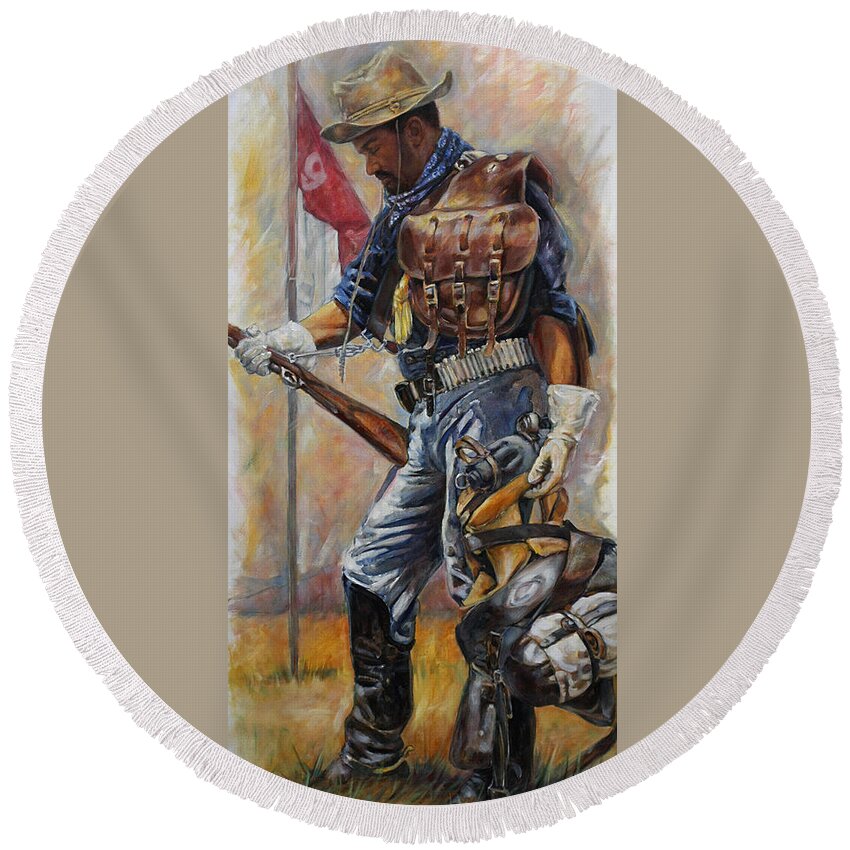 Buffalo Soldier Round Beach Towel featuring the painting Buffalo Soldier Outfitted by Harvie Brown