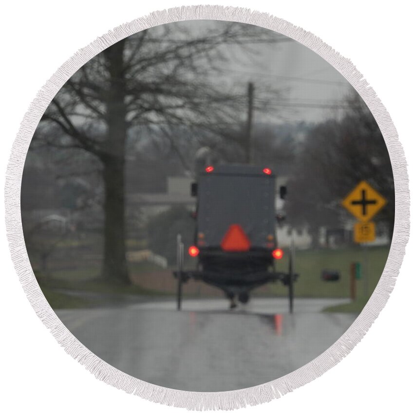 Amish Round Beach Towel featuring the photograph Buggy approaching a curve in the road by Christine Clark