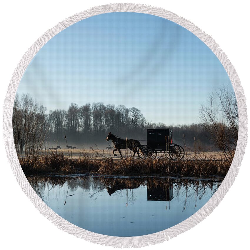 Amish Round Beach Towel featuring the photograph Buggy Reflected in Pond by David Arment
