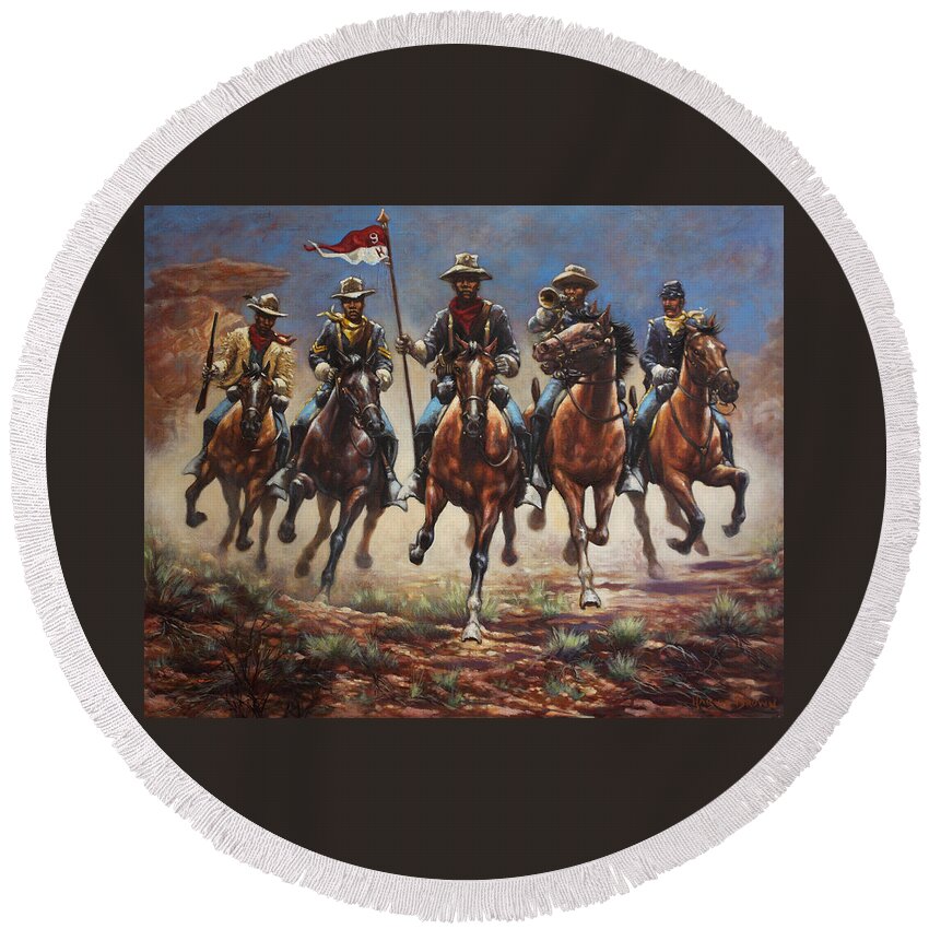 Buffalo Soldiers Round Beach Towel featuring the painting Bugler And The Guidon by Harvie Brown