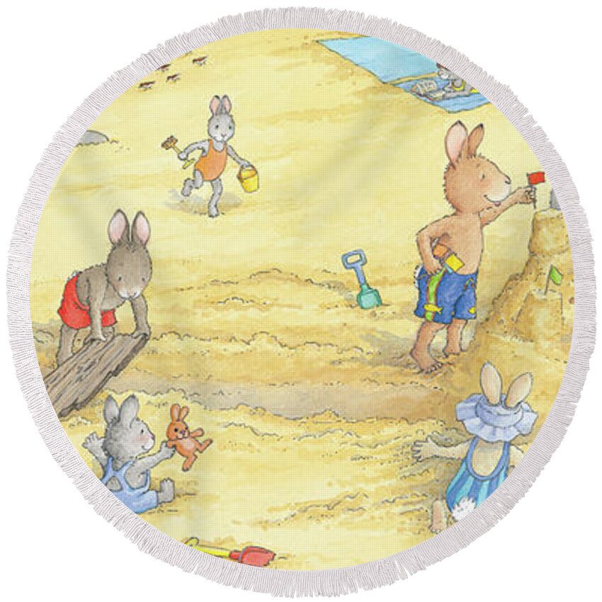 Sunny Bunnies Round Beach Towel featuring the painting Building Sandcastles -- With Text by June Goulding