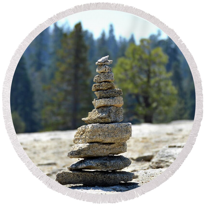 Rock Stacking Round Beach Towel featuring the photograph Building Together by Pic Michel