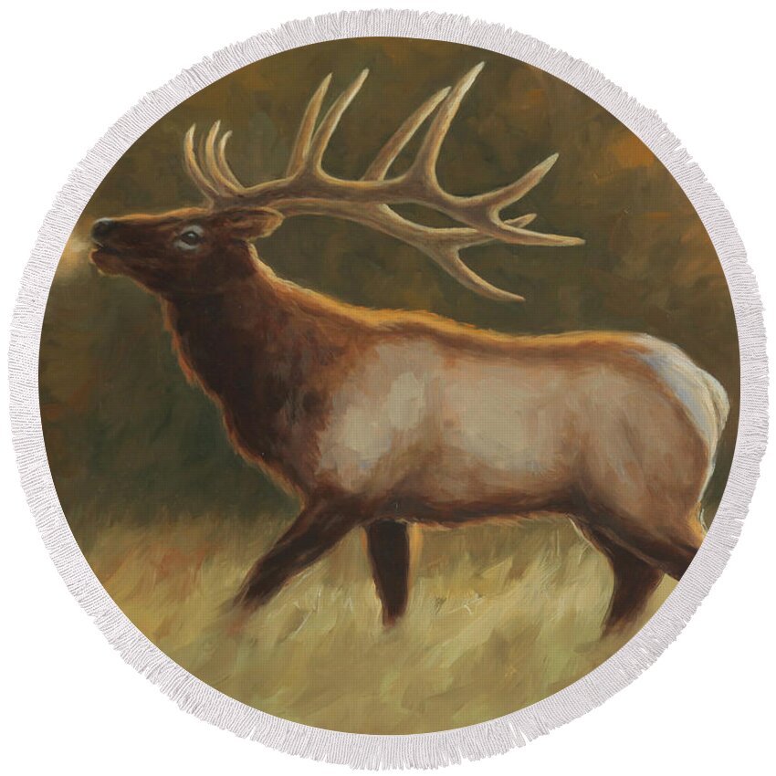  Round Beach Towel featuring the painting Bull Elk by Guy Crittenden
