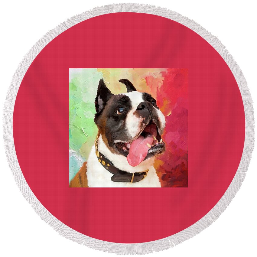 Bulldog Round Beach Towel featuring the painting Bulldog by Portraits By NC