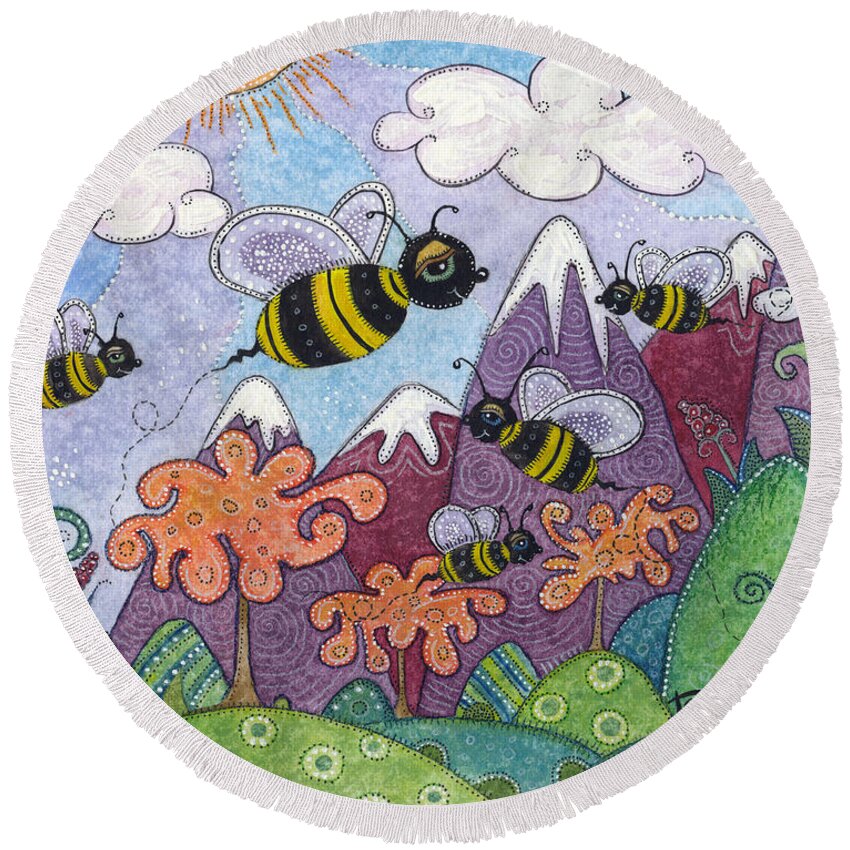 Whimsical Landscape Round Beach Towel featuring the painting Bumble Bee Buzz by Tanielle Childers