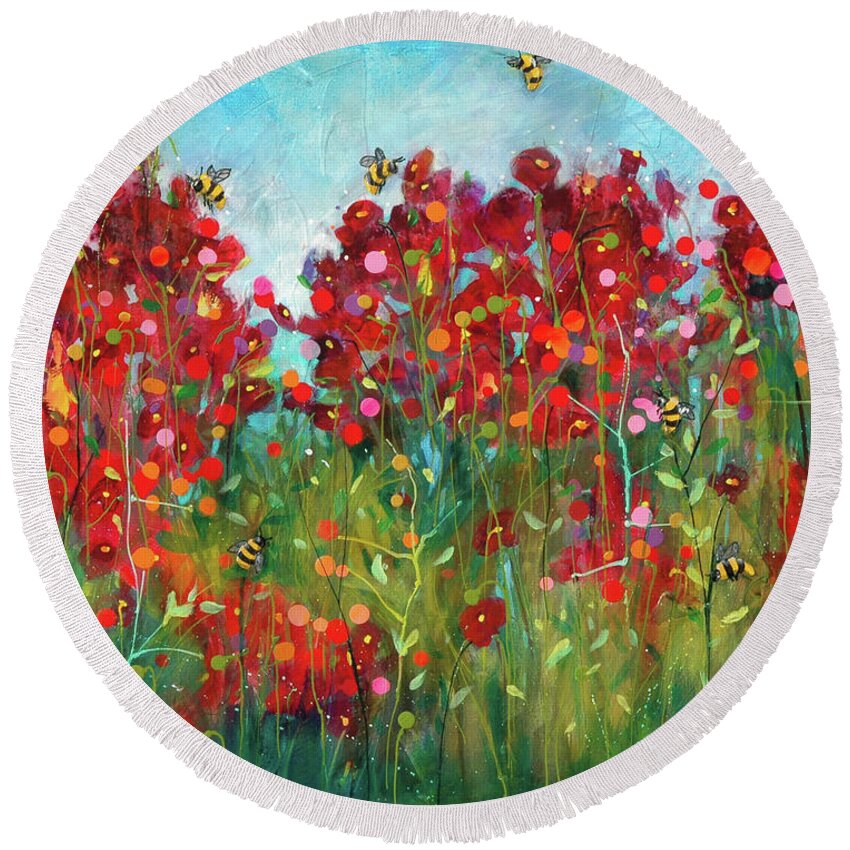 Artwork Round Beach Towel featuring the painting Bumblebees and Poppies by Cynthia Westbrook