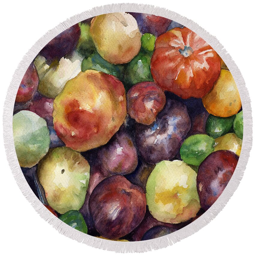Heirloom Tomatoes Painting Round Beach Towel featuring the painting Bumper Crop of Heirlooms by Anne Gifford