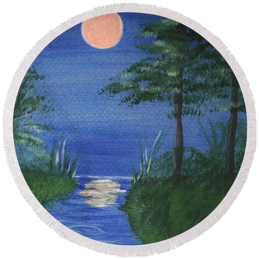 Nature Round Beach Towel featuring the painting Bunnies In The Garden At Midnight by Denise F Fulmer