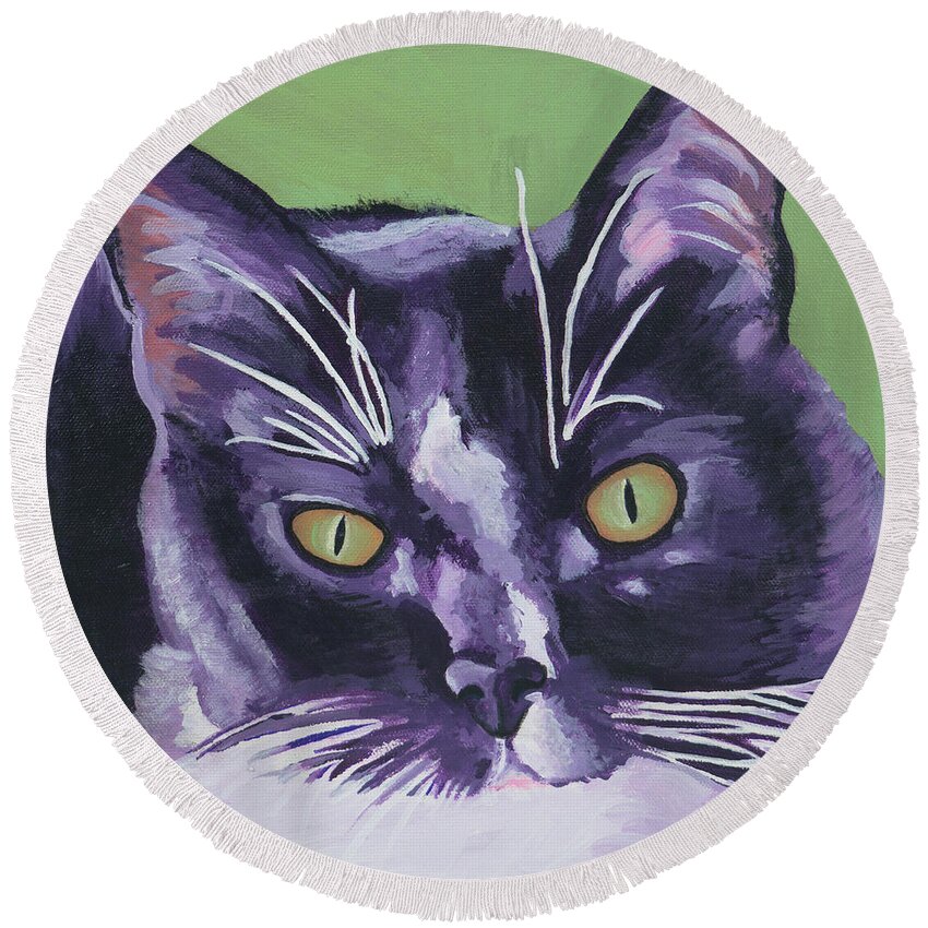 Pet Round Beach Towel featuring the painting Tuxedo Black and White Cat by Robyn Saunders