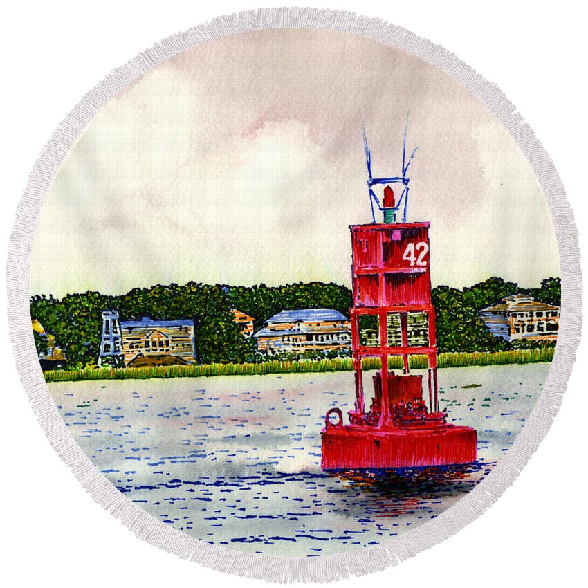 Icw Round Beach Towel featuring the painting Buoy 42 by Thomas Hamm
