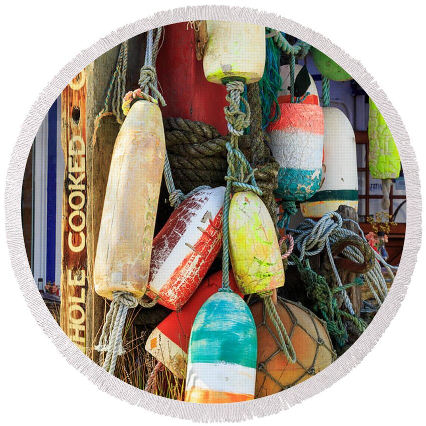 Buoys Round Beach Towel featuring the photograph Buoys At The Crab Shack by James Eddy