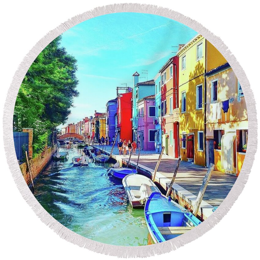 Burano Round Beach Towel featuring the photograph Burano street by Happy Home Artistry