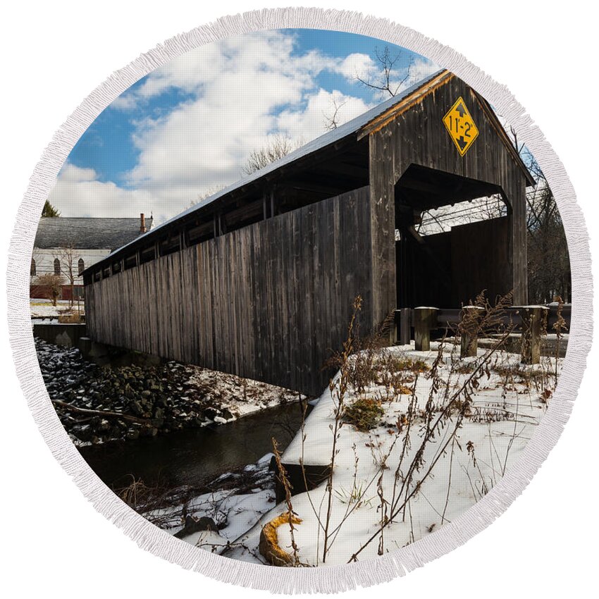 Burkeville Covered Bridge Round Beach Towel featuring the photograph Burkeville Legacy - New England Covered Bridge by JG Coleman