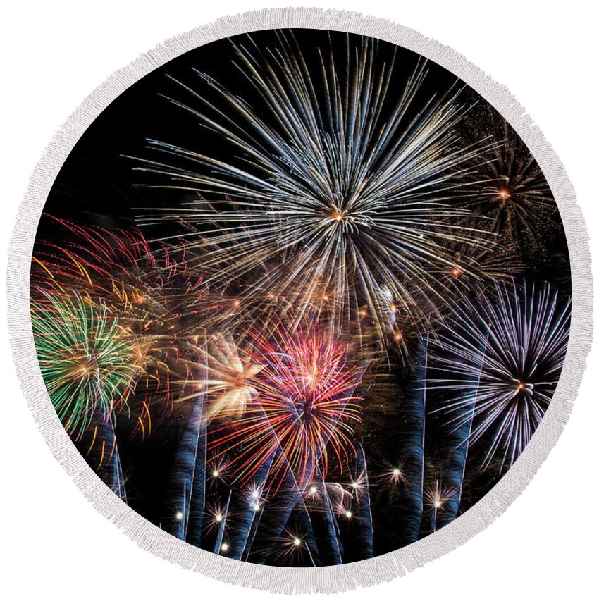 Fireworks Round Beach Towel featuring the photograph Burst by Alex Lapidus