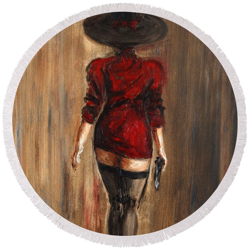 Lady Round Beach Towel featuring the painting Business lady by Arturas Slapsys