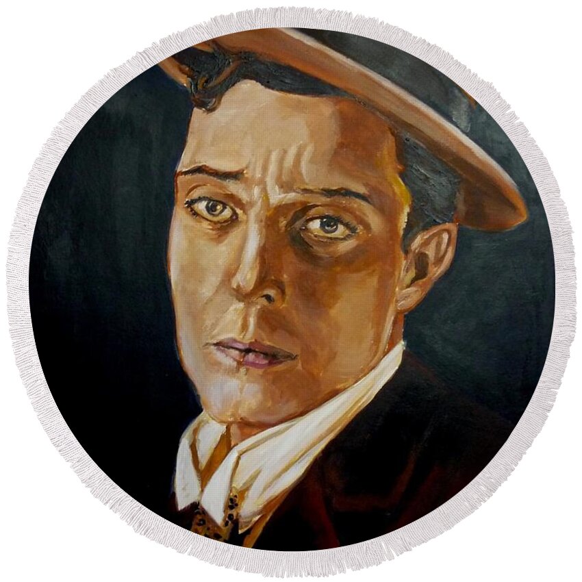 Comedy Round Beach Towel featuring the painting Buster Keaton tribute by Bryan Bustard