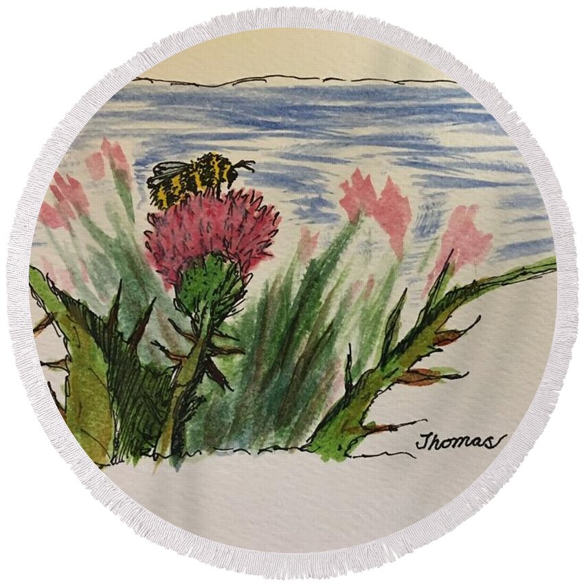 Bumblebee Round Beach Towel featuring the painting Busy Bumblebee by Thomas Janos