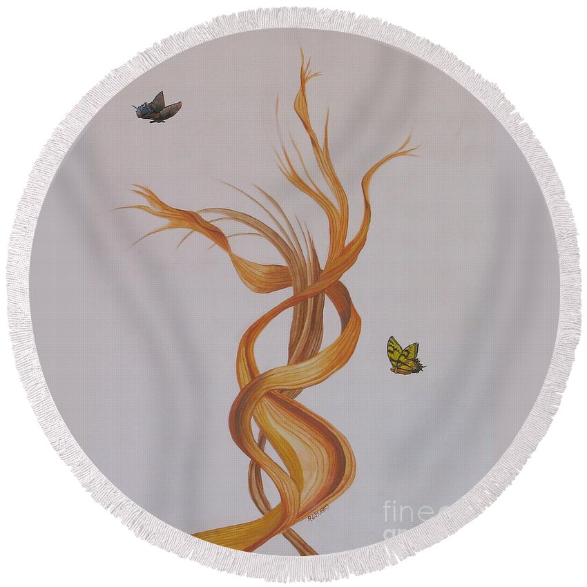 Dried Leafs Round Beach Towel featuring the painting Butterflies And The Flow by Richard Dotson