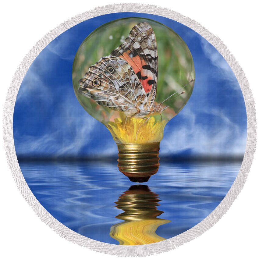 Butterfly Round Beach Towel featuring the photograph Butterfly In Lightbulb - Landscape by Shane Bechler
