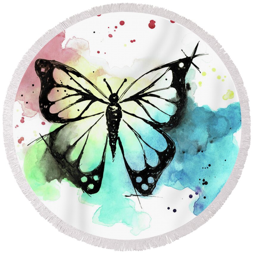 Butterfly Round Beach Towel featuring the painting Butterfly in Watercolor and India Ink by Emily Page