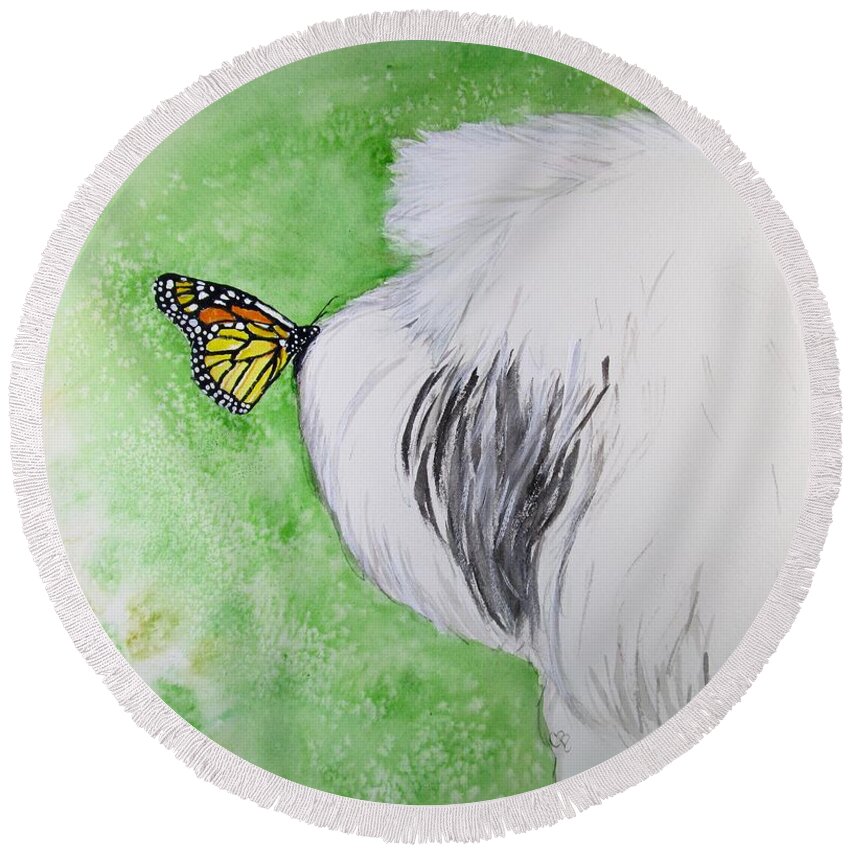 Old English Sheepdog Round Beach Towel featuring the painting Butterfly Kissed Sheepdog by Carol Blackhurst