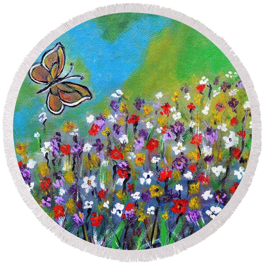 Butterfly Round Beach Towel featuring the painting Butterfly Meadow by Manjiri Kanvinde