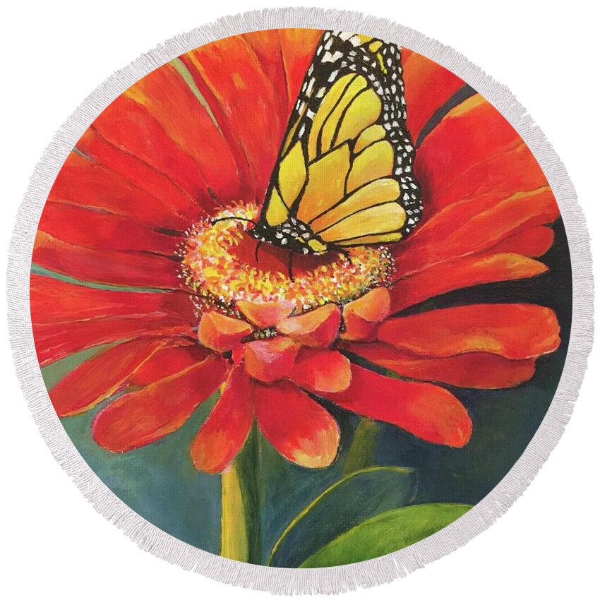 Zinnia Round Beach Towel featuring the painting Butterfly Rest by Jane Ricker