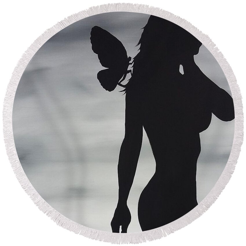 Butterfly Round Beach Towel featuring the painting Butterfly Silhouette by Edwin Alverio