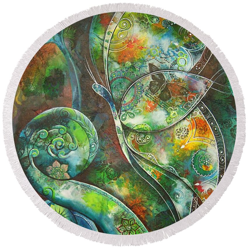 Butterfly Round Beach Towel featuring the painting Butterfly with Koru by Reina Cottier by Reina Cottier