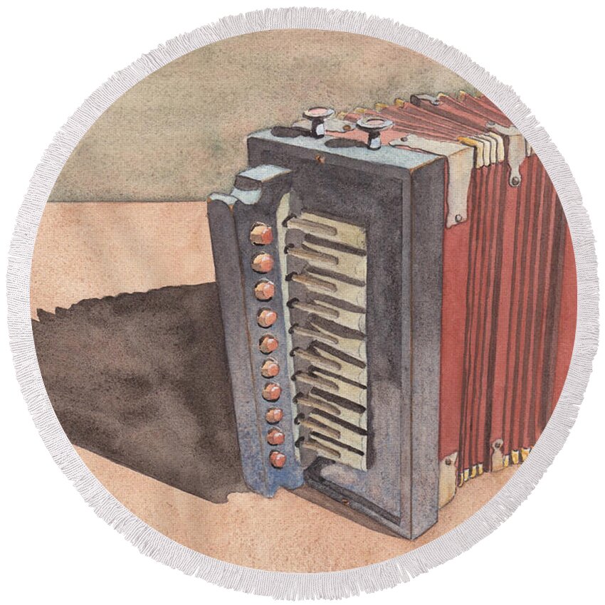 Button Round Beach Towel featuring the painting Button Accordion by Ken Powers
