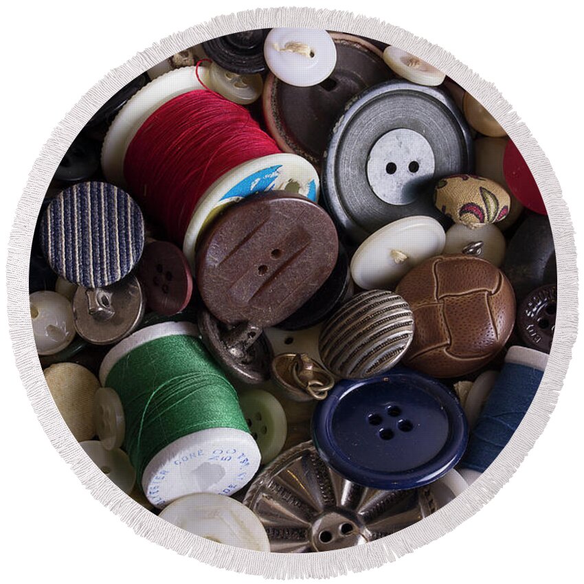 Thread Round Beach Towel featuring the photograph Buttons And Bobbins by Mike Eingle