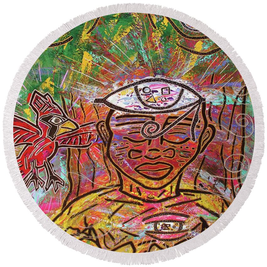 Painting Round Beach Towel featuring the painting By The Bodhi Tree by Odalo Wasikhongo