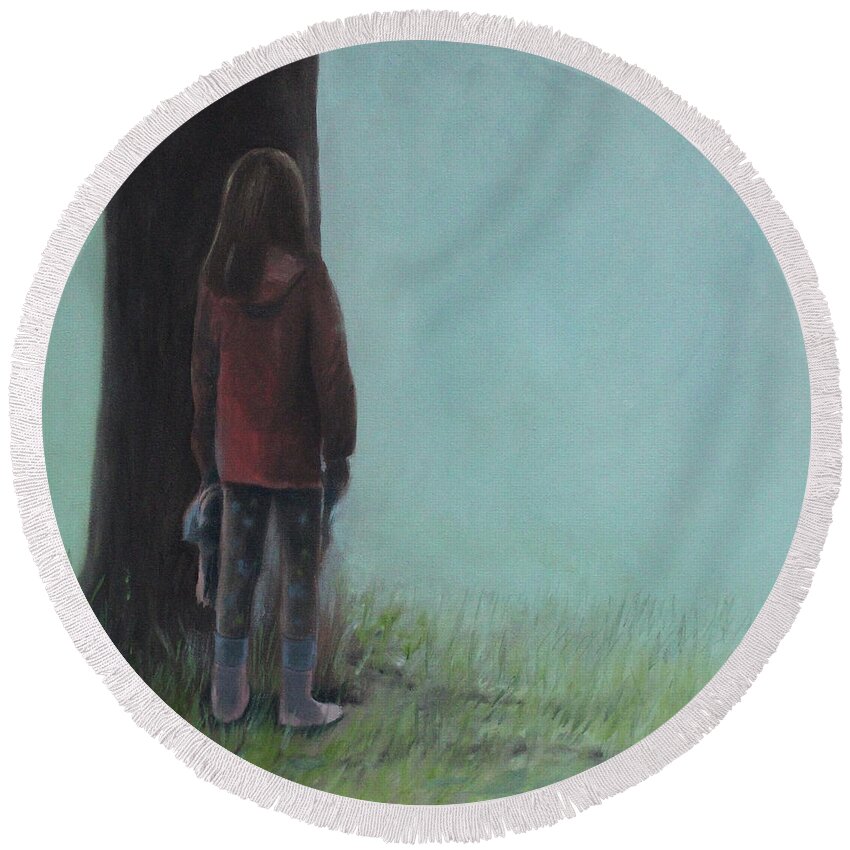Girl Round Beach Towel featuring the painting By the Tree by Tone Aanderaa