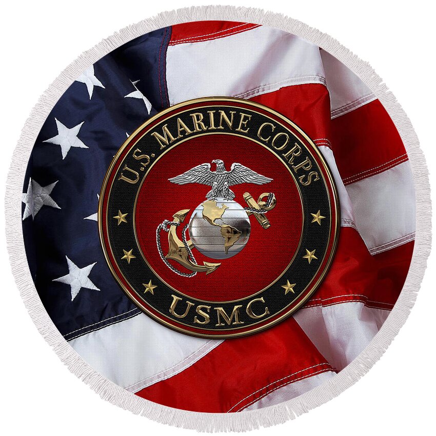 'usmc' Collection By Serge Averbukh Round Beach Towel featuring the digital art C O and Warrant Officer E G A Special Edition over American Flag by Serge Averbukh
