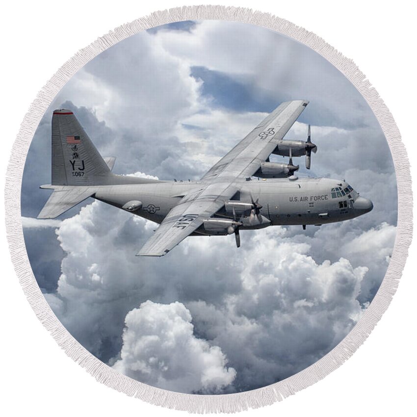 C130 Round Beach Towel featuring the digital art C130 36th Airlift by Airpower Art