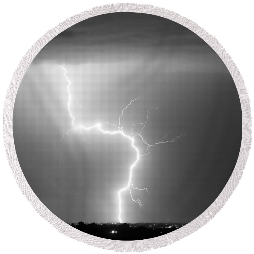 City Round Beach Towel featuring the photograph C2G Lightning Strike in Black and White by James BO Insogna