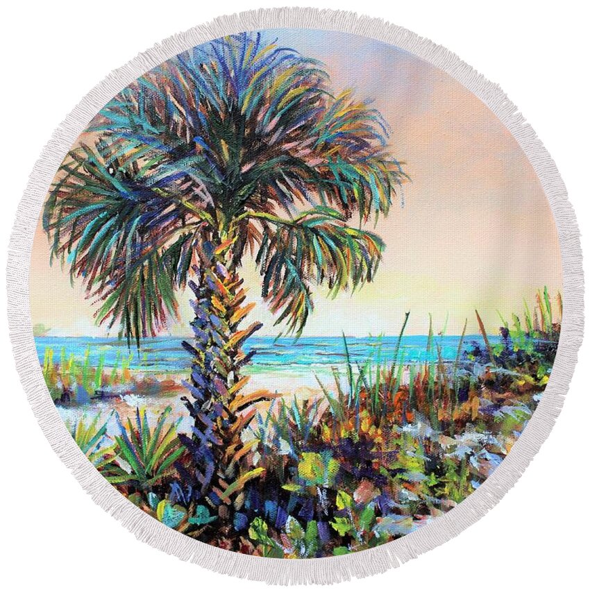 Siesta Key Round Beach Towel featuring the painting Cabbage Palm on Siesta Key Beach by Lou Ann Bagnall