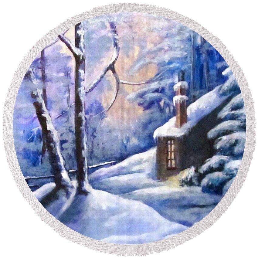 Snow Round Beach Towel featuring the painting Cabin in the Woods by Barbara O'Toole