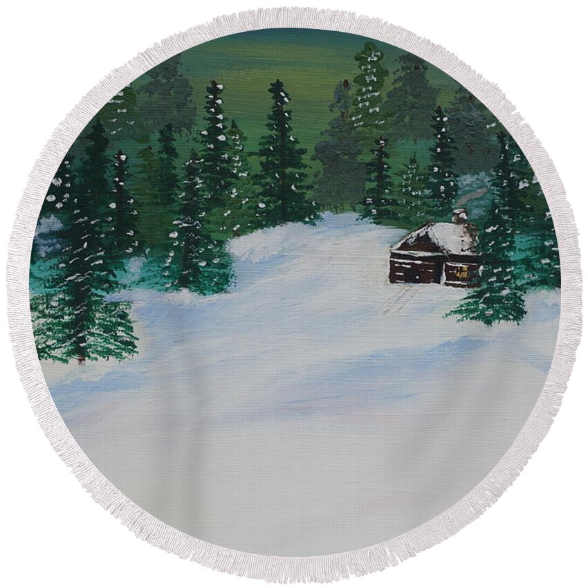 Snow Round Beach Towel featuring the painting Cabins in the Woods by Jimmy Clark