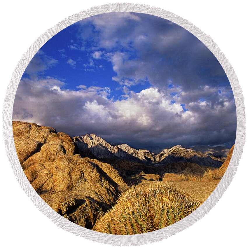 Dave Welling Round Beach Towel featuring the photograph Cactus And Clouds Alabama Hills Eastern Sierras California by Dave Welling