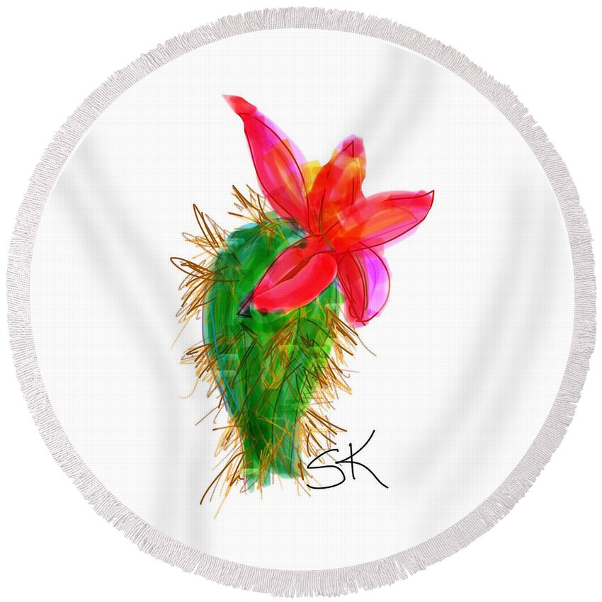 Holiday Round Beach Towel featuring the digital art Christmas Cactus Flower by Sherry Killam