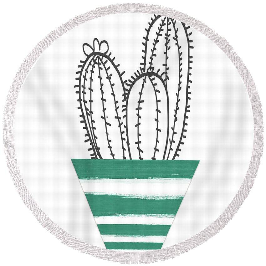 Plant Round Beach Towel featuring the mixed media Cactus In A Green Pot- Art by Linda Woods by Linda Woods