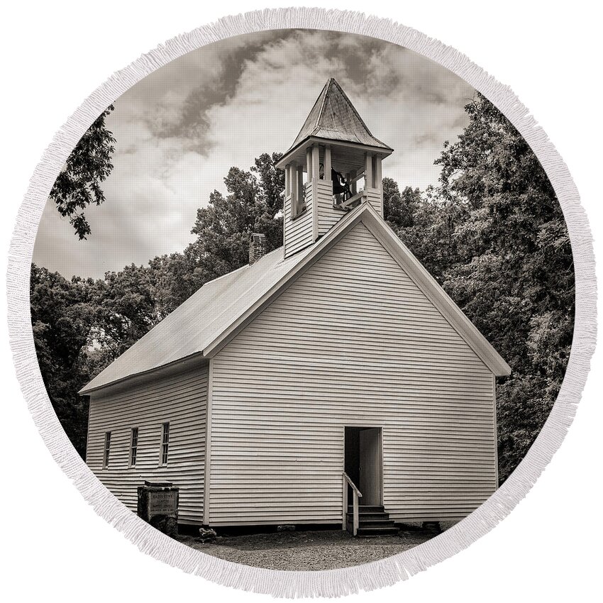 Cades Cove Round Beach Towel featuring the photograph Cades Cove Primitive Baptist Church - Toned BW by Stephen Stookey