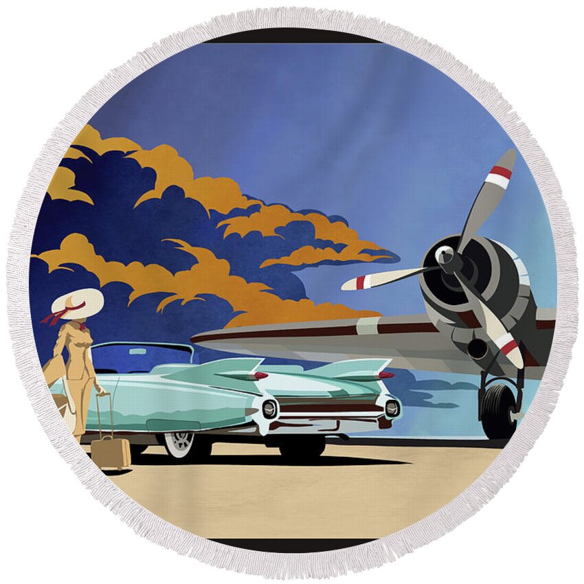 Cadillac Round Beach Towel featuring the painting Cadillac Eldorado 1959 by Sassan Filsoof